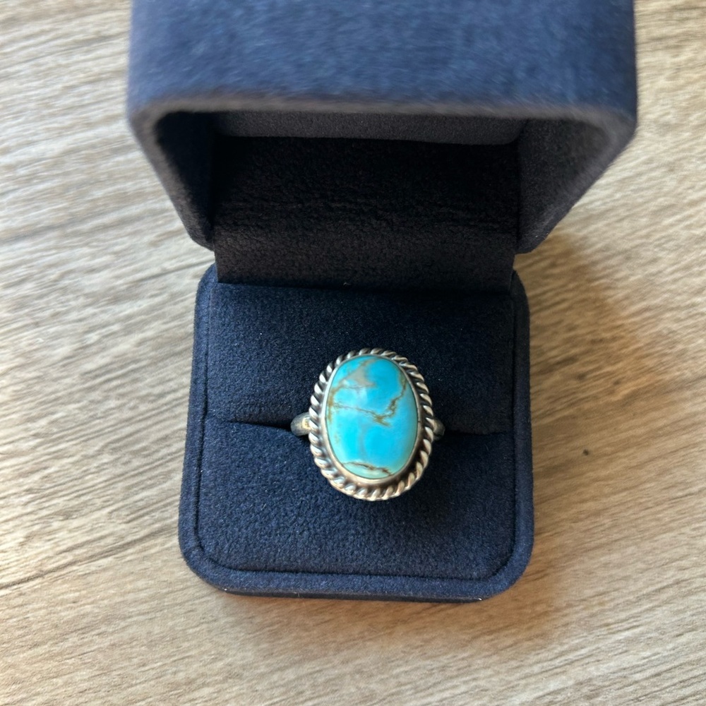 Native American Sterling Silver Adjustable Turquoise Ring – Signed Dixon